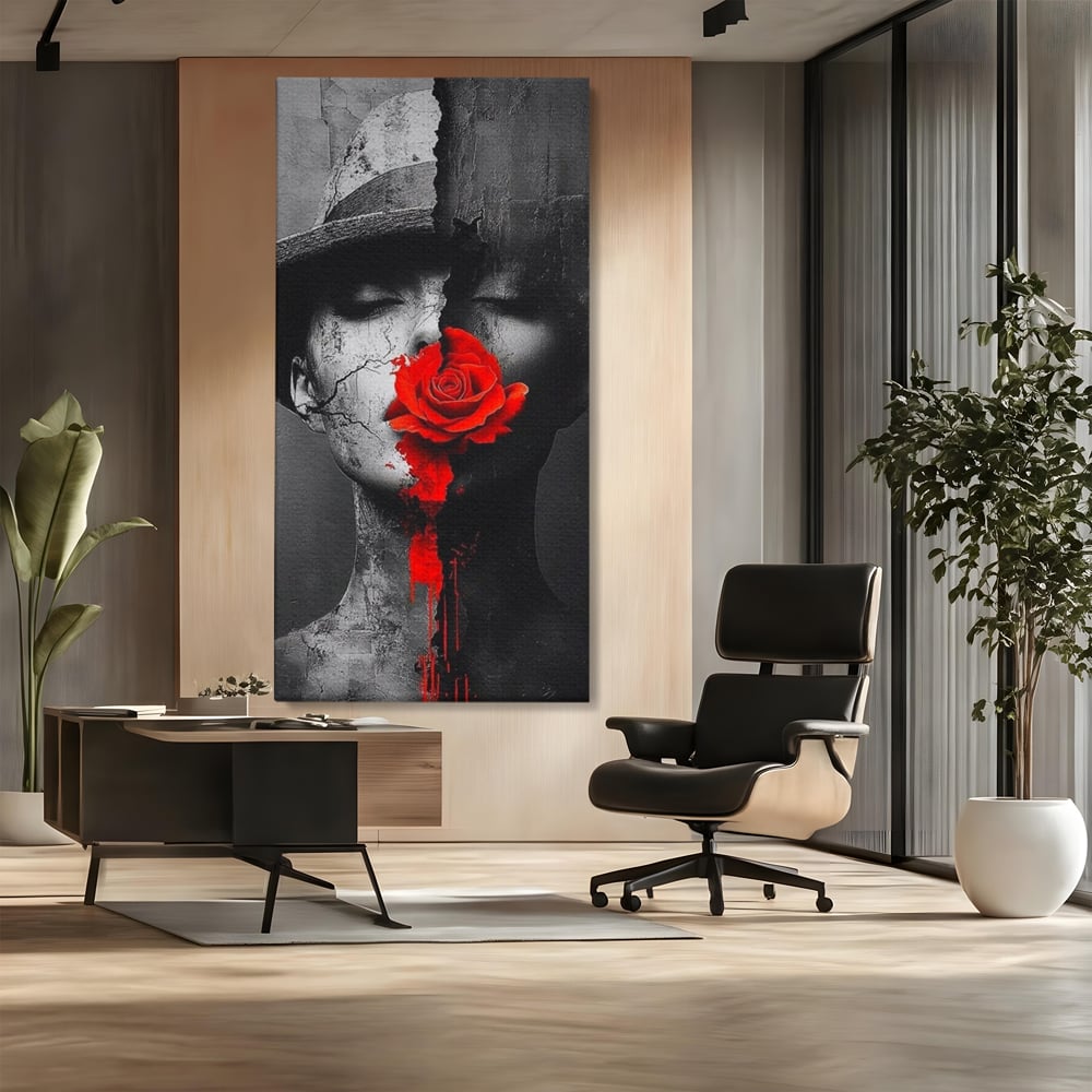 Tablou canvas cu tablou canvas cu chip de femeie, fara rama, pe sasiu de lemn, pe perete intr-un birou